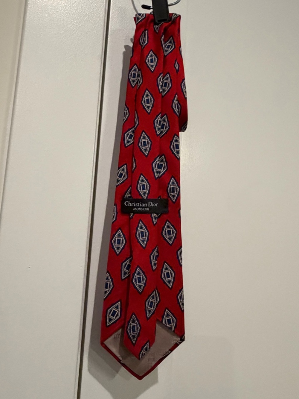 Christian Dior Silk Men's Tie Necktie Red Geometric Made in USA Italy Vintage